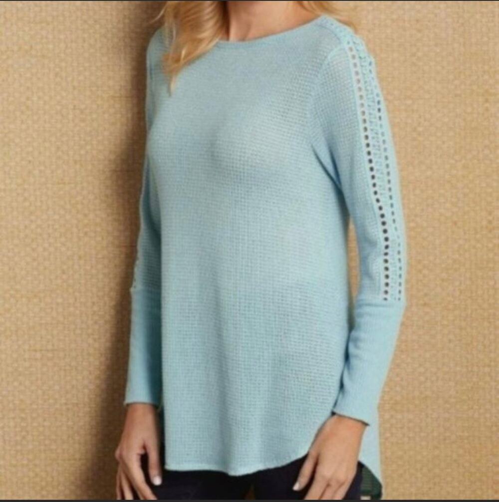 Soft Surroundings Blue Bailey Waffle Rib Knit Crochet Lace Tunic Top Sweater S